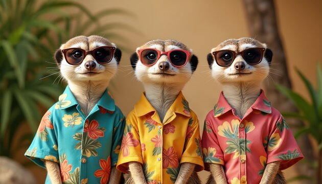 Three meerkats wearing sunglasses, Hawaiian shirts pose together. Look stylish, ready for vacation. Fun image of animals dressed for tropical summer. Great for advertising cards social media content. - Powered by Adobe