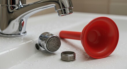 Bathroom sink with chrome faucet and plumbing tools