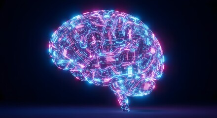 Glowing brain with circuit board pattern in neon colors against a dark background illustration