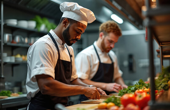 Two male chefs work in a restaurant kitchen. They prepare ingredients chopping vegetables. Both men wear aprons and chef hats. Culinary professionals at work preparing food. - Powered by Adobe