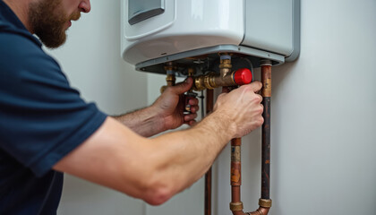 Bearded man installs new electric water heater at home. Technician connects copper pipes, brass fittings to modern unit. Plumber fixes home heating appliance. Expert provides repair service,