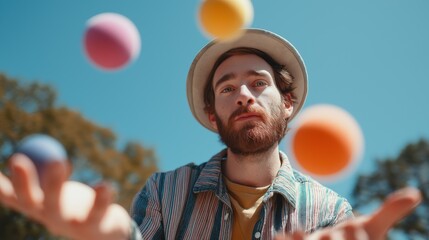 Young man juggling colorful balls in outdoor sunny setting