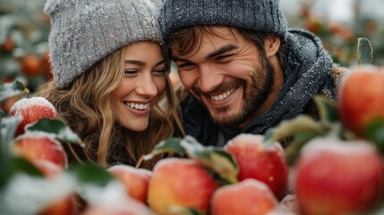Happy Couple with Apples Smiling in Winter Orchard Scene