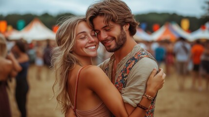 Joyful Couple Embracing at Outdoor Music Festival in Summer 2023