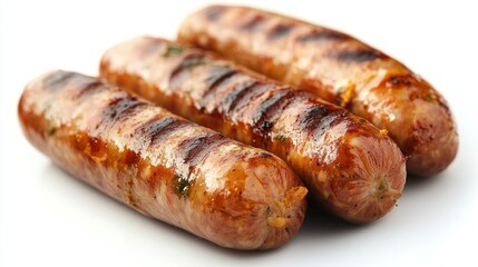Three appetizing fried sausages with a golden brown crust, ideal for culinary articles and food advertising.