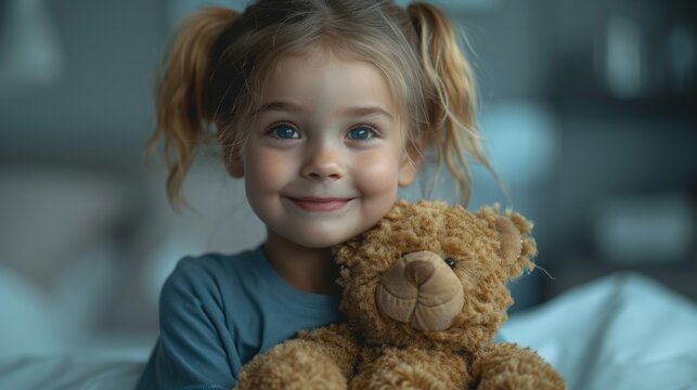 A little girl with lush hair and blue eyes hugs a teddy bear, warm home comfort. Useful for illustrations of childhood, family values, advertising toys and children's products.