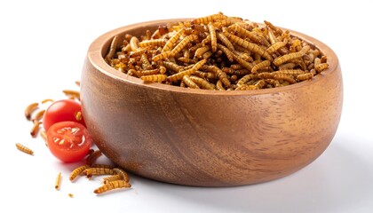 Roasted insect snacks in wooden bowl