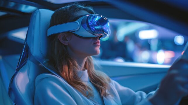 A person wearing a virtual reality headset sits inside a modern car immersed in a high-tech experience. The cars interior glows with soft blue lighting showcasing advanced technology.