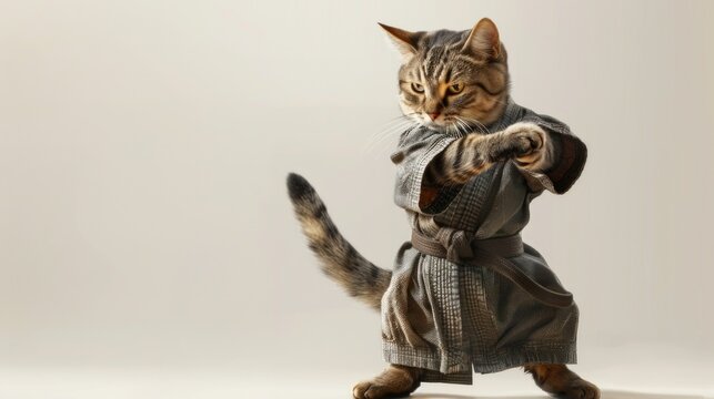 A cat in a karate outfit, striking a funny and cute pose — perfect for entertaining articles, memes, pet content, and humorous posts.