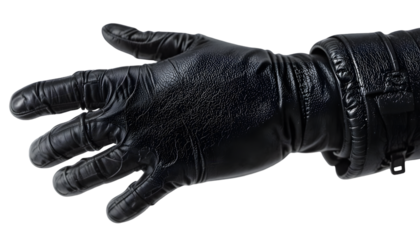 Black leather glove on a hand isolated on white background for fashion or protection concepts