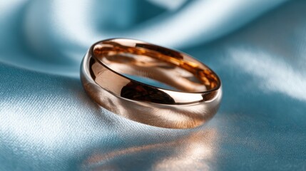 A beautifully crafted gold wedding ring resting on silky fabric, showcasing its shine and elegance, symbolizing love, commitment, and precious moments in life.