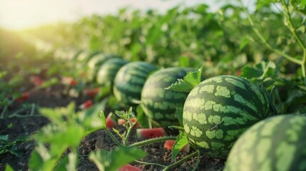 Ripe watermelons in a garden on a sunny day, lush greenery, and bright fruits.
Perfect for highlighting themes of agriculture, healthy eating, and summer recipes.