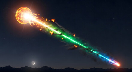 Fiery celestial body streaks across the night sky with colorful trail.