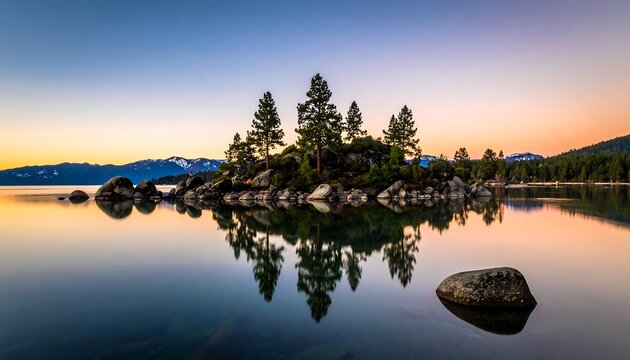 Island trees reflect serenely in calm waters at dawn or dusk