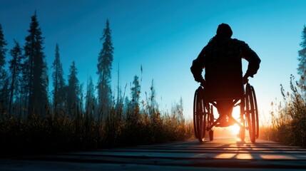 A silhouette of an individual in a wheelchair captures the essence of perseverance and strength against a breathtaking sunset backdrop.