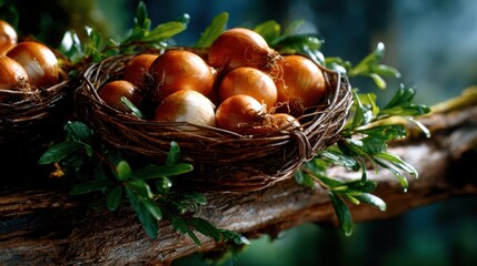 A rustic nest holds fresh onions, showcasing their natural beauty and organic essence, symbolizing healthy eating and farm-to-table concepts.
