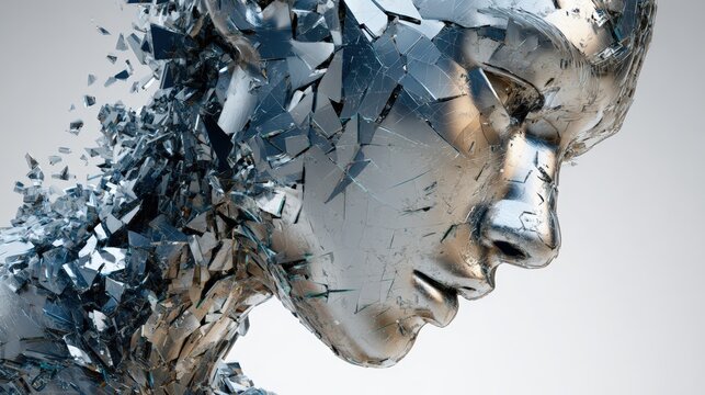 Advanced Humanoid AI with Chrome Structure and Fragmenting Head in 3D Render