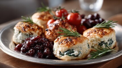 A plate of scrumptious pastries filled with spinach and cheese is beautifully arranged, complemented by cherry tomatoes and a dollop of sweet berry jam, appealing and luxurious.