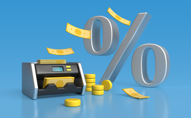Passive income from the deposit. The bill counter counts money against the background of interest. The concept of interest on deposits and savings accounts. 3d illustration. 3d rendering