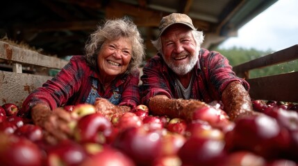 A joyful elderly couple smiles widely while harvesting apples in their farm, showcasing love and togetherness in the simplicity of nature's bounty.