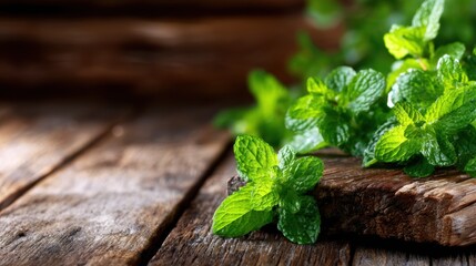 A close-up display of vibrant green mint leaves positioned on a rustic wooden surface, highlighting the freshness and natural appeal of culinary herbs.