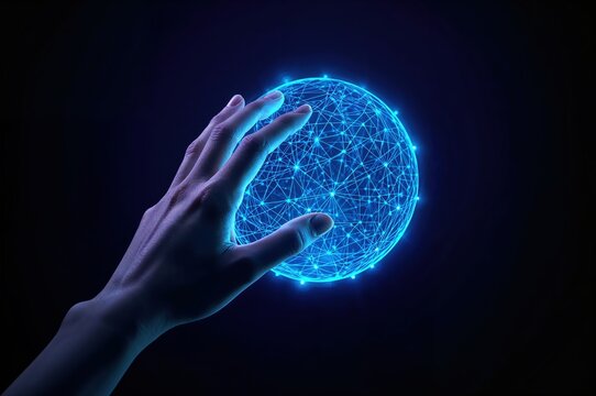 Slender hand reaches toward glowing holographic neural network sphere in futuristic ambient space