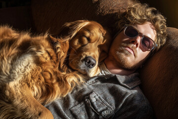 A man and a dog are sleeping together on a couch