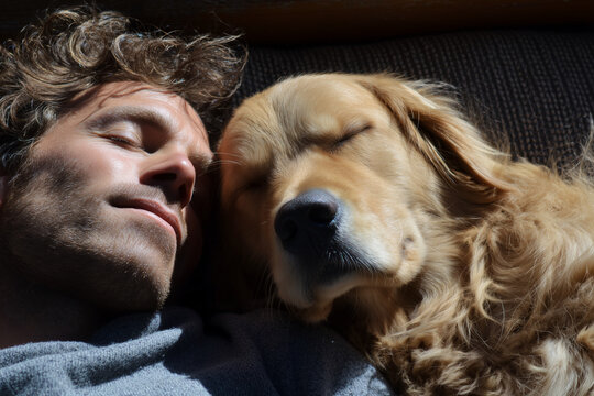 A man and a dog are sleeping together
