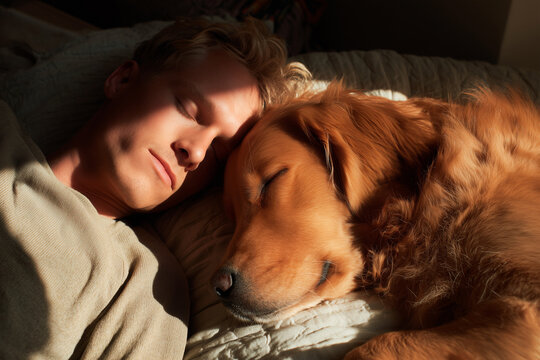 A man and his dog are sleeping together on a bed