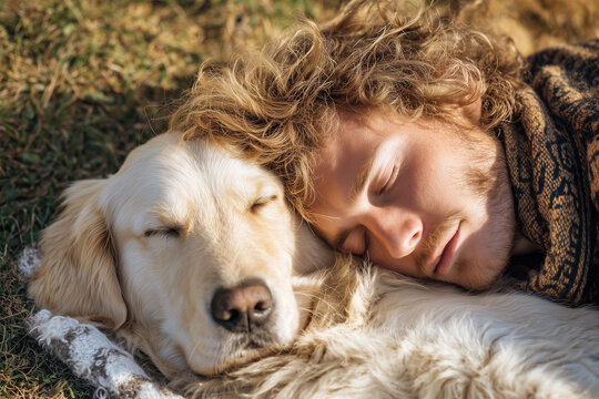 A man and a dog are sleeping together on a blanket - Powered by Adobe