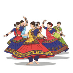 Fototapeta premium Celebrate Indian culture with this vibrant illustration of women performing traditional Garba dance, perfect for cultural events, festivals, or educational materials