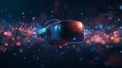 A VR headset emits a subtle neon particle trail in hyperrealistic detail. The scene conveys futuristic technology, immersion, and digital motion, highlighting luminous particles, light streaks, and sl