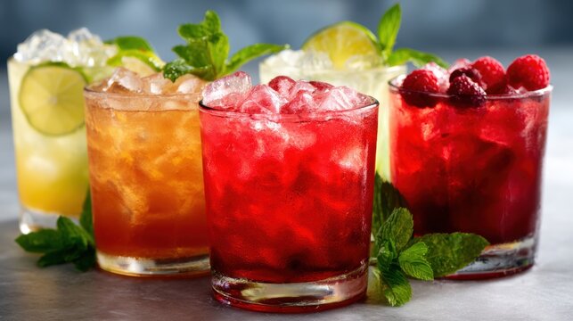 An enticing display of colorful cocktails adorned with fresh ingredients like mint and fruits, showcasing refreshing drinks ideal for any celebration or summer gathering.