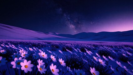 Purple Flowers Under a Starry Night Sky.
