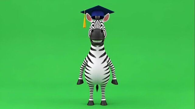 Cartoon Zebra Graduate on Green Screen - A full-body cartoon zebra wearing a graduation cap is shown on a green screen background. The zebra is smiling and appears to be celebrating its graduation.