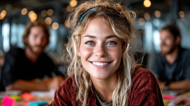 A cheerful young woman smiling in a creative workspace, surrounded by colleagues, embodying positivity and teamwork in an inspiring and modern environment, filled with light.