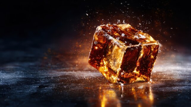 A crystal-clear ice cube glimmers with light as it splashes in a dynamic motion against a dark backdrop, capturing the essence of refreshment and excitement in a single moment.