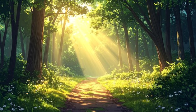 A sunlit path winds through a dense forest, its trees creating a canopy where sunlight streams through. Bright green foliage and flowers line the path