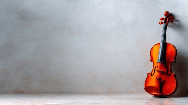 This image features a beautifully crafted violin leaning against a textured wall, showcasing its craftsmanship and inviting potential buyers to appreciate its beauty. - Powered by Adobe