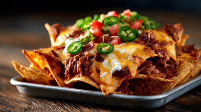 A mouthwatering plate of cheese nachos topped with jalapeños, tomatoes, and sour cream, presenting a vibrant and inviting snack perfect for gatherings or casual dining.
