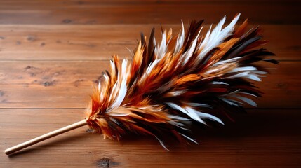 A striking feather duster showcasing a blend of vibrant colors against a wooden surface, celebrating creativity and artistry in everyday objects with a touch of elegance and style.