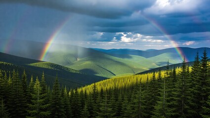 Rainbow Over Carpathian Mountains - A Scenic Landscape After the Rain.