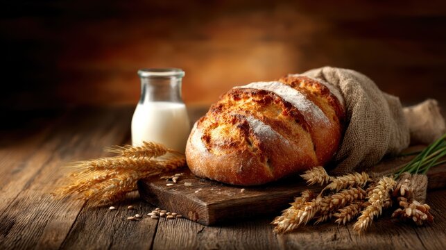 A rustic loaf of artisan bread placed next to a jug of milk and surrounded by wheat stalks, showcasing the beauty of natural food and the simplicity of farm life.