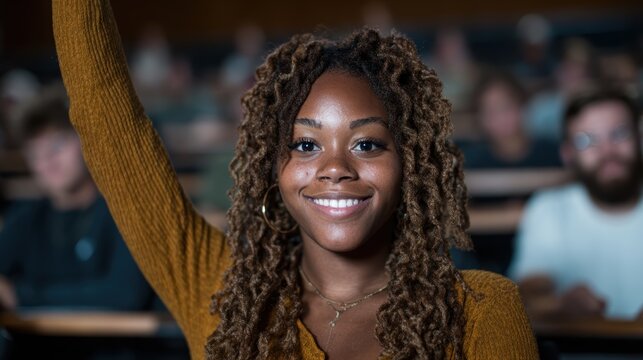 A confident young woman raising her hand in a classroom, symbolizing engagement and enthusiasm for learning amidst a vibrant and diverse academic environment.
