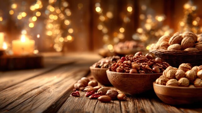 A delightful arrangement of assorted nuts in bowls illuminated by soft candlelight, creating a cozy and inviting atmosphere perfect for gatherings and celebrations with loved ones.