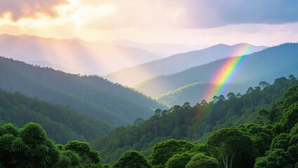 Rainbow Over Lush Green Mountains - A Serene Landscape.