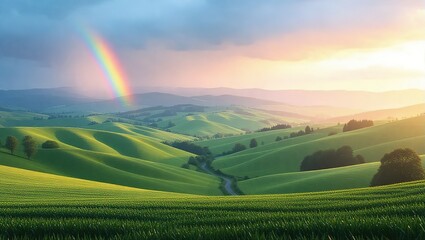 Rainbow over rolling green hills with a beautiful sunset.