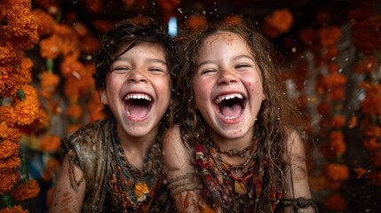 Two laughing children covered in flower petals enjoy a playful moment surrounded by vibrant marigold blooms, capturing the essence of childhood joy and carefree innocence.