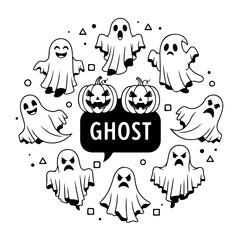 Fototapeta premium Halloween ghost and pumpkin circle isolated on white background