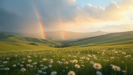 Rainbow over the green fields and hills with flowers.